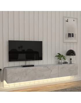 Damla Megapap melamine wall TV cabinet with LED lighting in white marble effect color 180x29.5x29.5cm.