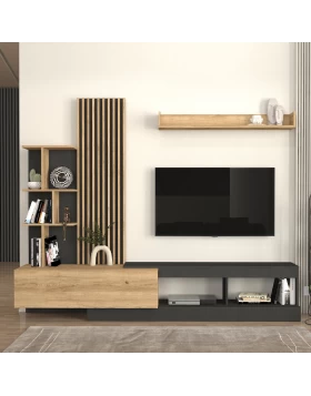 Σύνθεση τηλεόρασης Vermont Megapap χρώμα ανθρακί - sepet oak 240x40x192εκ.
