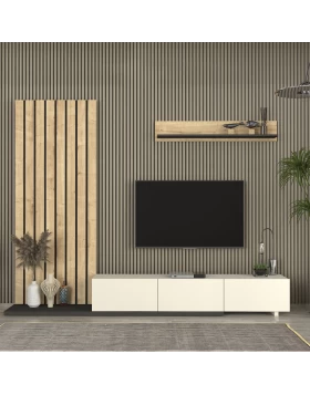 Nagini Megapap melamine tv unit in ivory - sapphire oak - anthracite color 260x39.4x203.6cm.