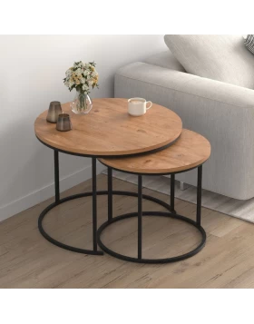 Τραπεζάκι σαλονιού σετ 2 τμχ Hilal Megapap χρώμα pine oak Ø66x49,5εκ.