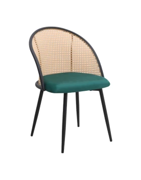 Jacob Megapap pe rattan - velvet dining chair in green color with black metal legs 52x50x77cm.