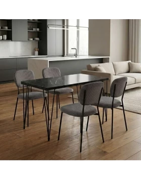 Dining room set 5pcs Roger - Kevin Megapap Mdf - fabric black marble color - grey 120x70x75cm.