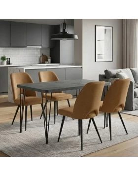 Σετ τραπεζαρία 5τμχ Roger - Christy Megapap Mdf - ύφασμα χρώμα σκούρο γκρι σκυροδέματος - μουσταρδί 120x70x75εκ.