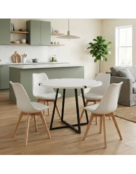 Dining room set 5pcs Rubes - Viva Megapap white color - white with natural leg Ø100x78cm.