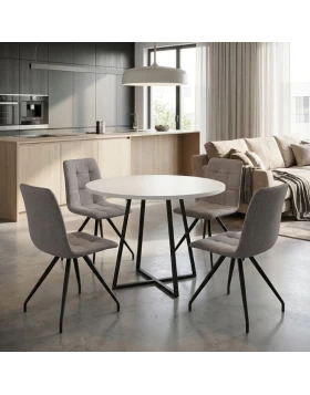 Dining room set 5pcs Rubes - Bianca Megapap white color - beige Ø100x78cm.