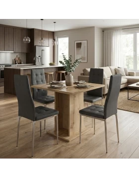 Σετ τραπεζαρία 5τμχ Allos - Rosa Megapap χρώμα sapphire oak - γκρι/χρωμίου πόδι 75x75x77εκ.