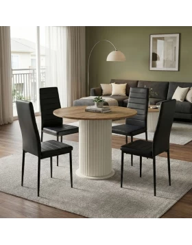 Σετ τραπεζαρία 5τμχ Bohema - Rosa Megapap χρώμα ivory/sepet oak - μαύρο Ø90x77,7εκ.