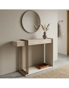 Κονσόλα Desca Megapap χρώμα travertine - sandstone - χρυσό 91,8x29,6x74,2εκ.