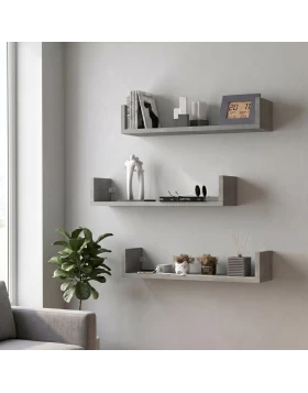 Dark Megapap melamine wall shelves set of 3 in concrete grey color 60x15x12cm.