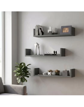 Dark Megapap melamine wall shelves set of 3 in anthracite color 60x15x12cm.