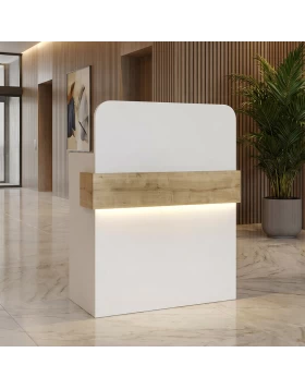 Telmos Megapap melamine welcome desk - reception with LED in white - sapphire oak color 90x43.6x119.2cm.