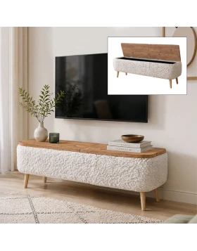 Έπιπλο τηλεόρασης Luno Megapap ύφασμα teddy χρώμα λευκό - pine oak 120x30x45εκ.