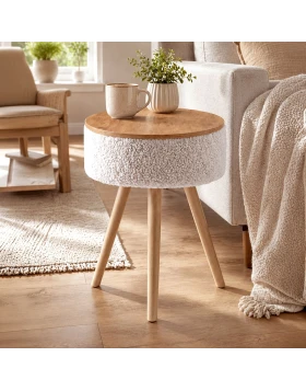 Τραπεζάκι βοηθητικό Luno Megapap ύφασμα teddy χρώμα λευκό - pine oak Ø33x50εκ.
