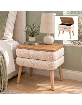 Nivo Megapap melamine - teddy fabric nightstand in white - pine oak color 50x45x45cm.