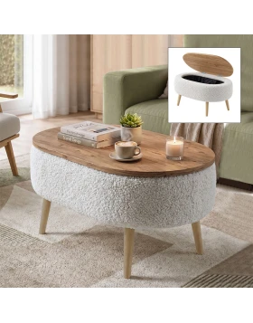 Luno Megapap melamine - teddy fabric coffee table in white - pine oak color 90x60x45cm.